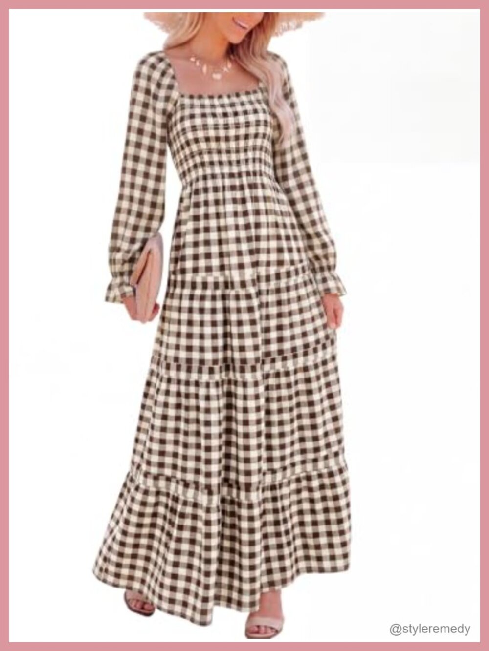 Women Square Neck Floral Maxi Dress Long Sleeve Tiered A-Line Pockets